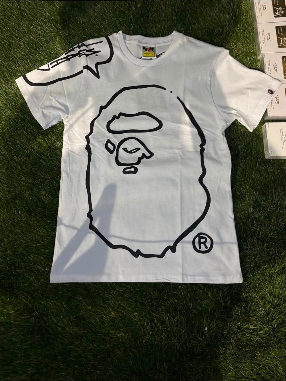 Bape White Tee with Black Ape Outline Graphic